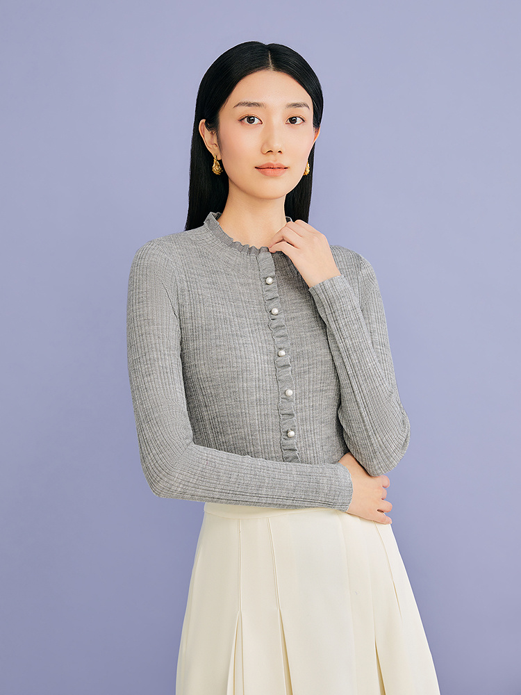 YINER音儿专选2026冬季新款欧根纱木耳边半高领羊毛混纺针织衫8A66506386