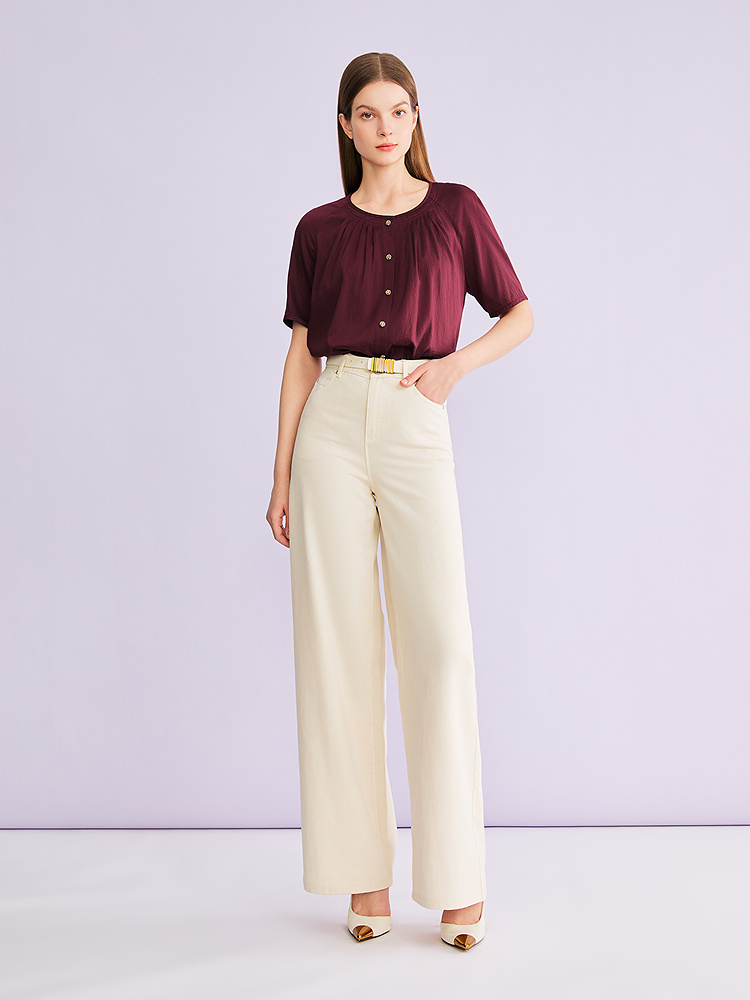 YINER音儿专选2026夏季新款优雅圆领莫代尔桑蚕丝混纺衬衫上衣8C66230016