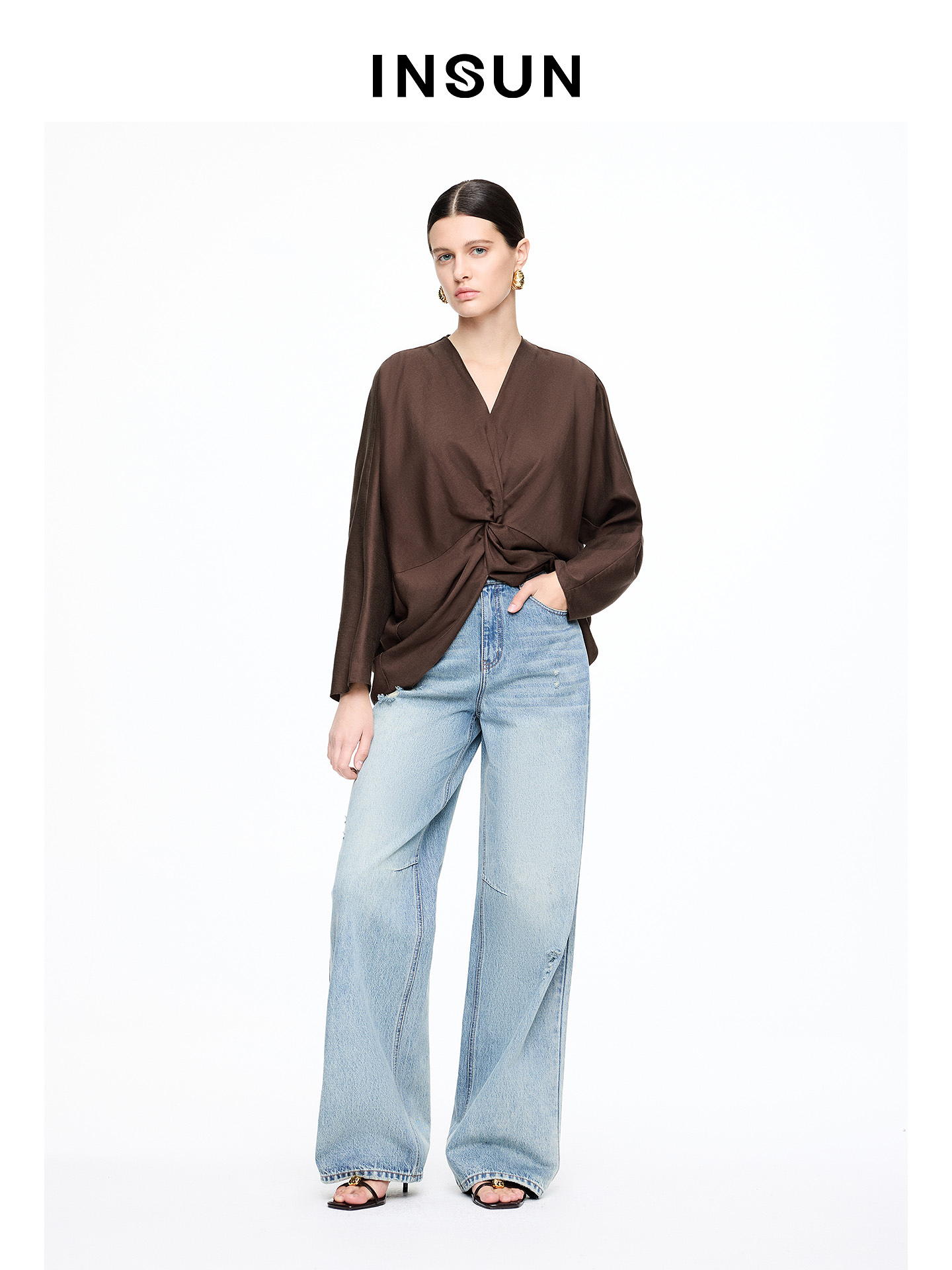 INSUN恩裳专选2026春季老钱风V领气质亚麻长袖衬衫9C66170070