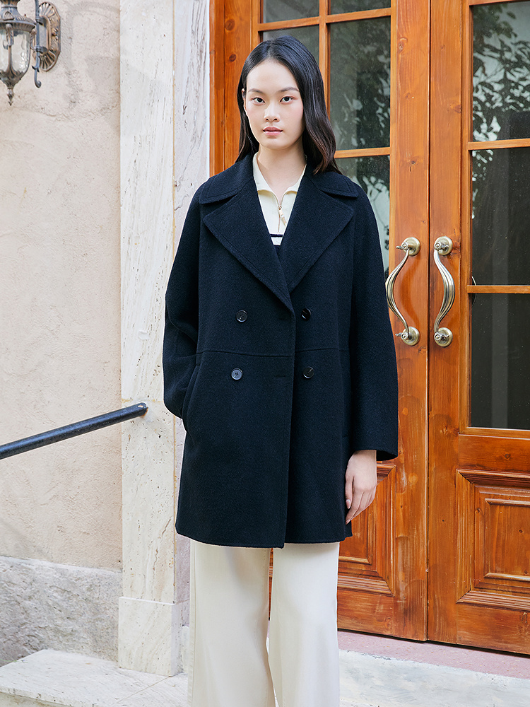 YINER音儿专选2025冬季新款法式西装领羊毛混纺双面呢大衣外套8C65580366