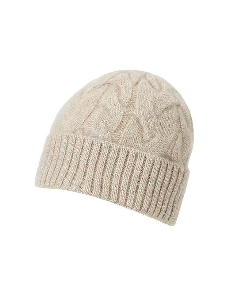 INSUN恩裳2025冬季简约纯色绞花全山羊绒针织毛线帽9C35593010