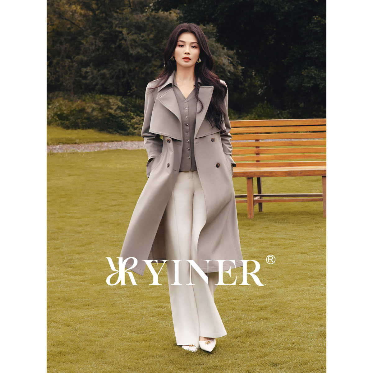 【刘涛同款】YINER音儿2025秋季可机洗羊毛混纺长款风衣外套8C35307100