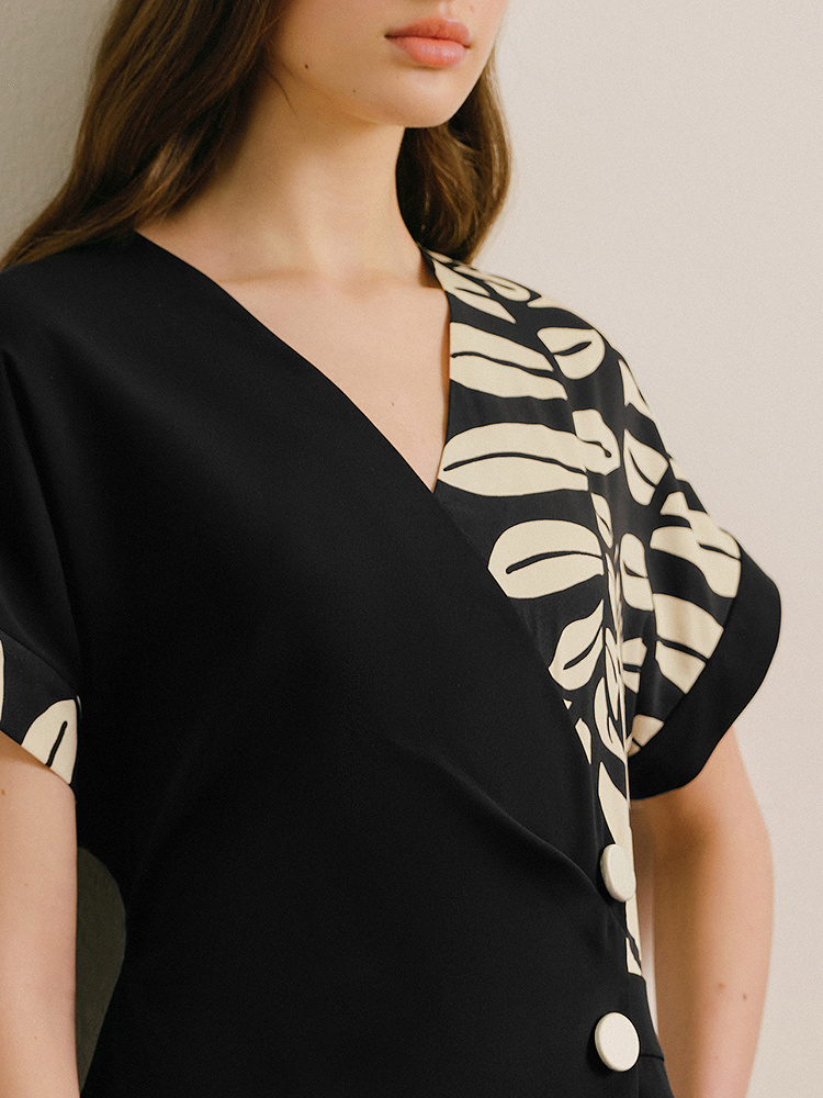 OBBLIGATO奥丽嘉朵专选2025夏季新品V领落肩袖撞色假两件连体裤1C65302060