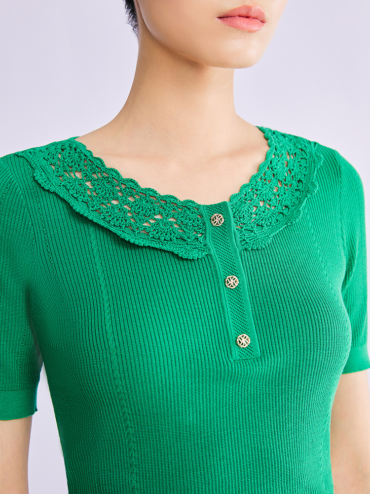 YINER音儿专选2026夏季新款优雅钩花镂空娃娃领坑条肌理针织衫8C66206246