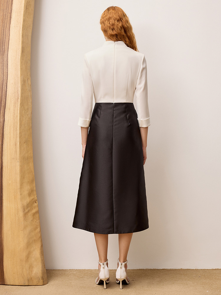 OBBLIGATO奥丽嘉朵专选2025秋季新品撞色黑白拼接捏褶收腰连衣裙1C65305740