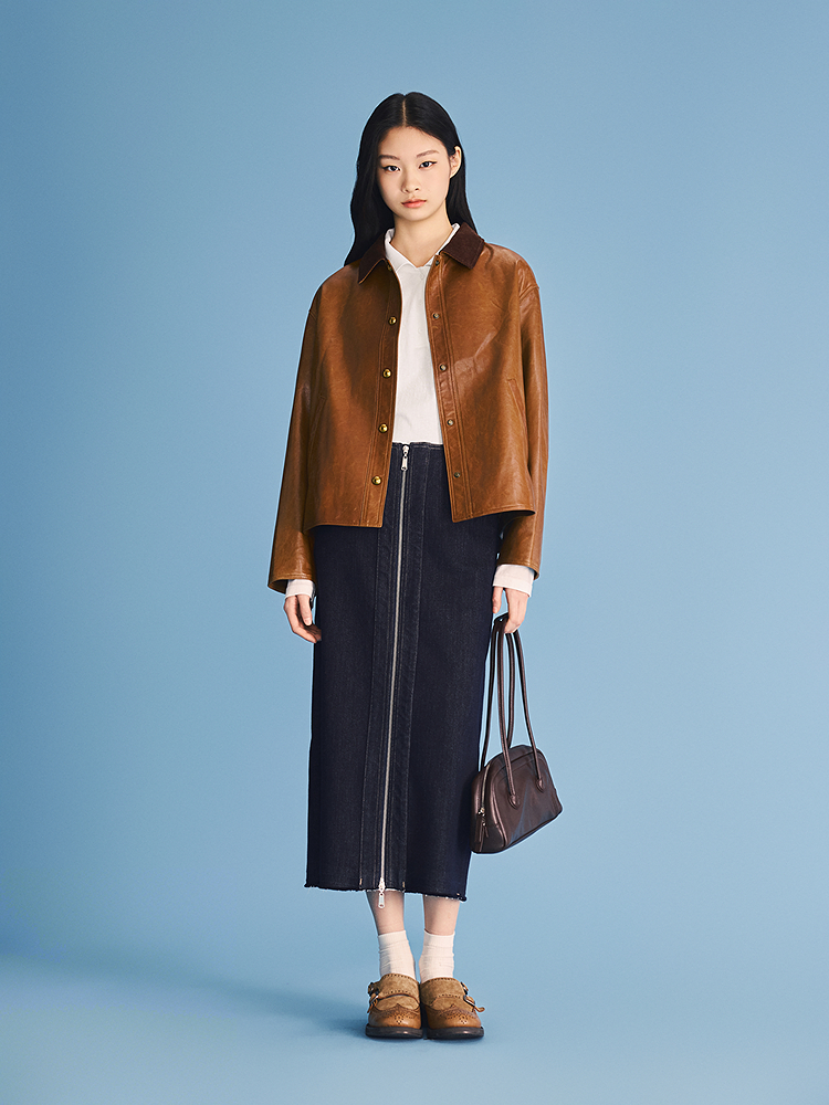 PSALTER诗篇 2026春季新款复古灯芯绒领拼接皮衣6C36109030