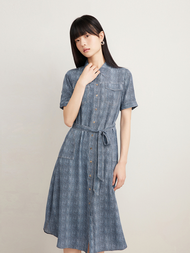 [真丝系列]Goodland美地女装2024夏季桑蚕丝牛仔色衬衫连衣裙LC64205020