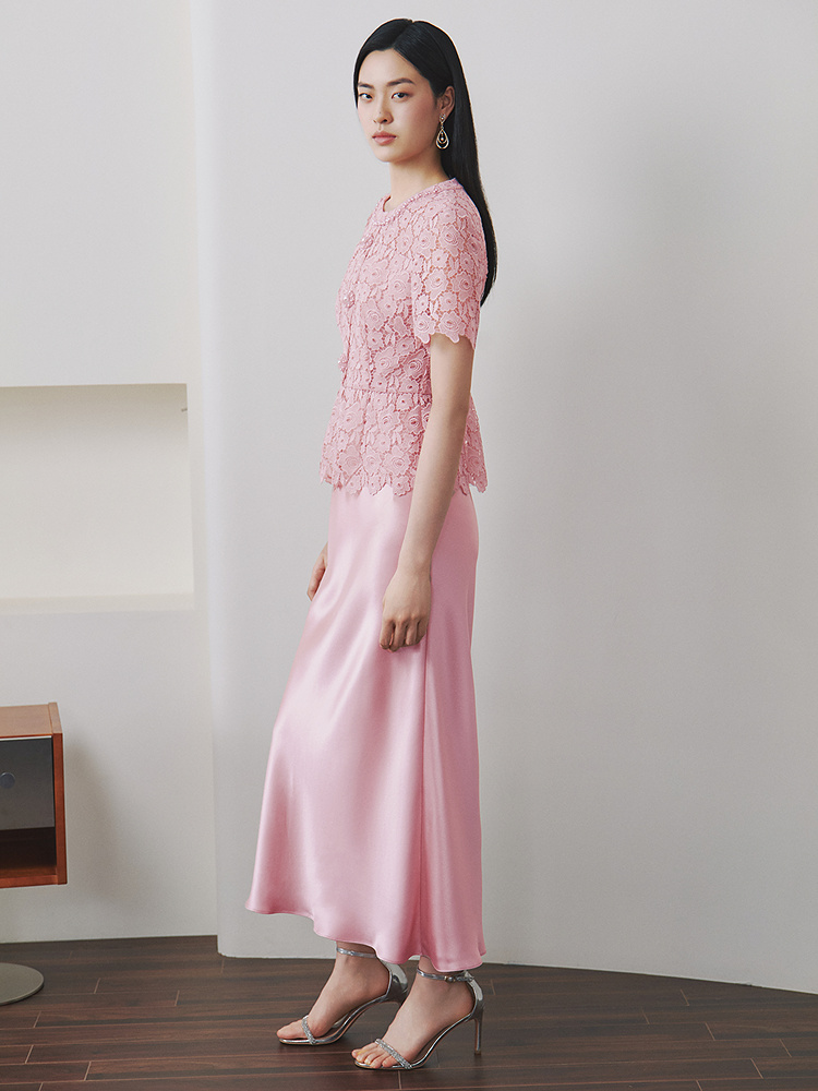 OBBLIGATO奥丽嘉朵2026夏季新款粉色蕾丝拼接缎面醋酸收腰连衣裙1C66205360
