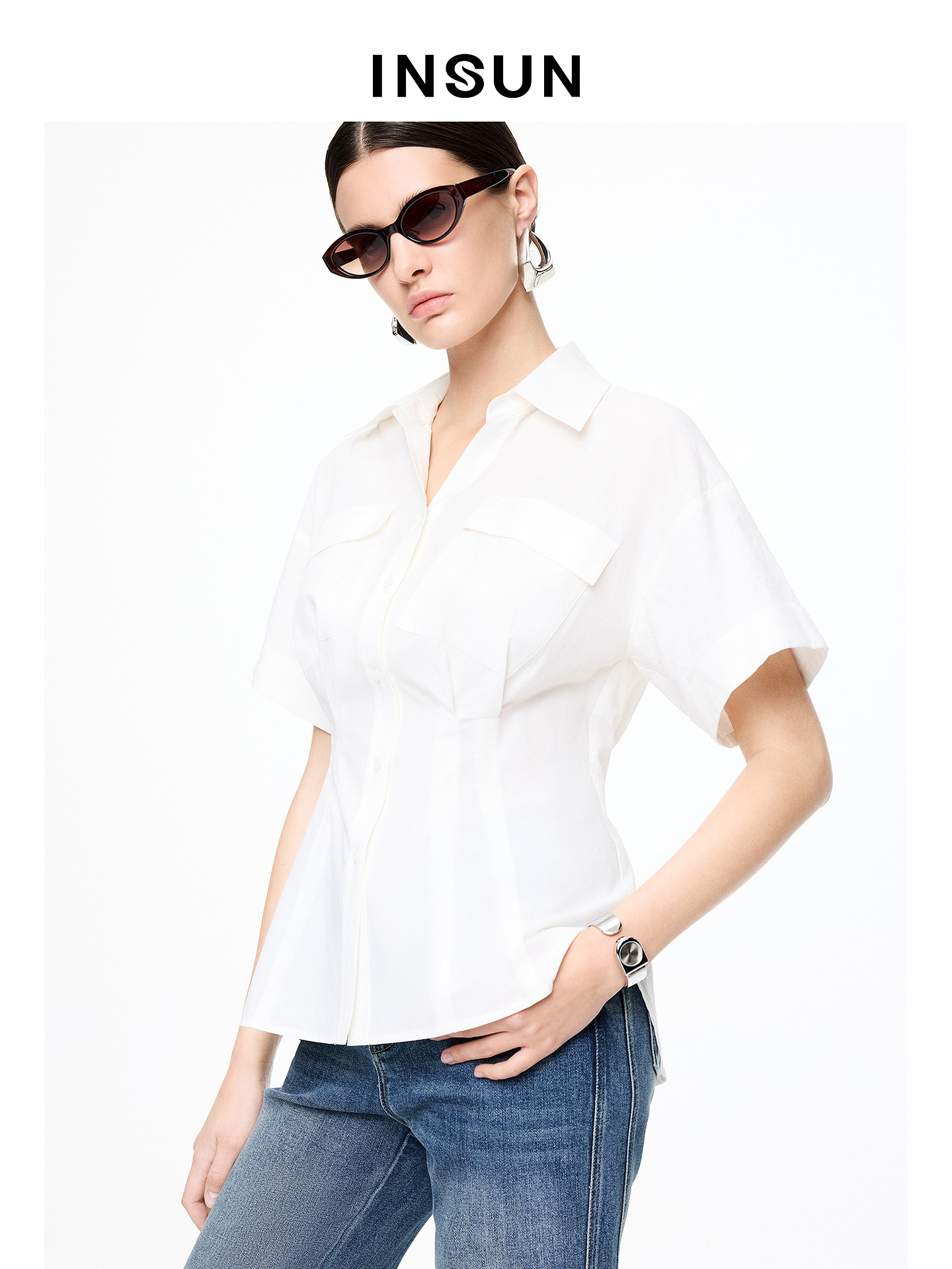 INSUN恩裳专选2026夏季V领百搭收腰100%棉衬衫9C66230010