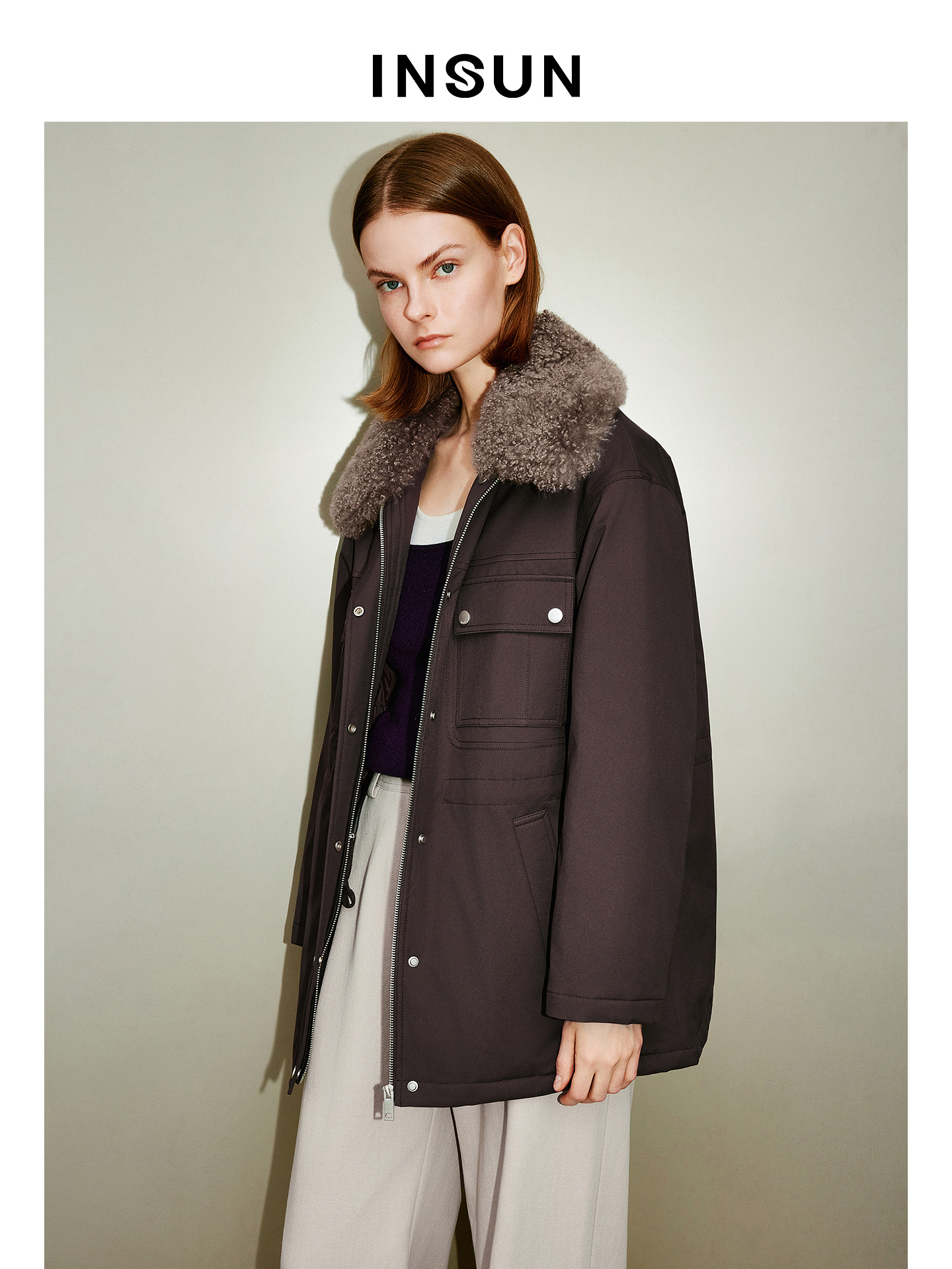INSUN恩裳专选2026春季可拆卸羊毛革毛领鹅绒派克羽绒服9C66108530