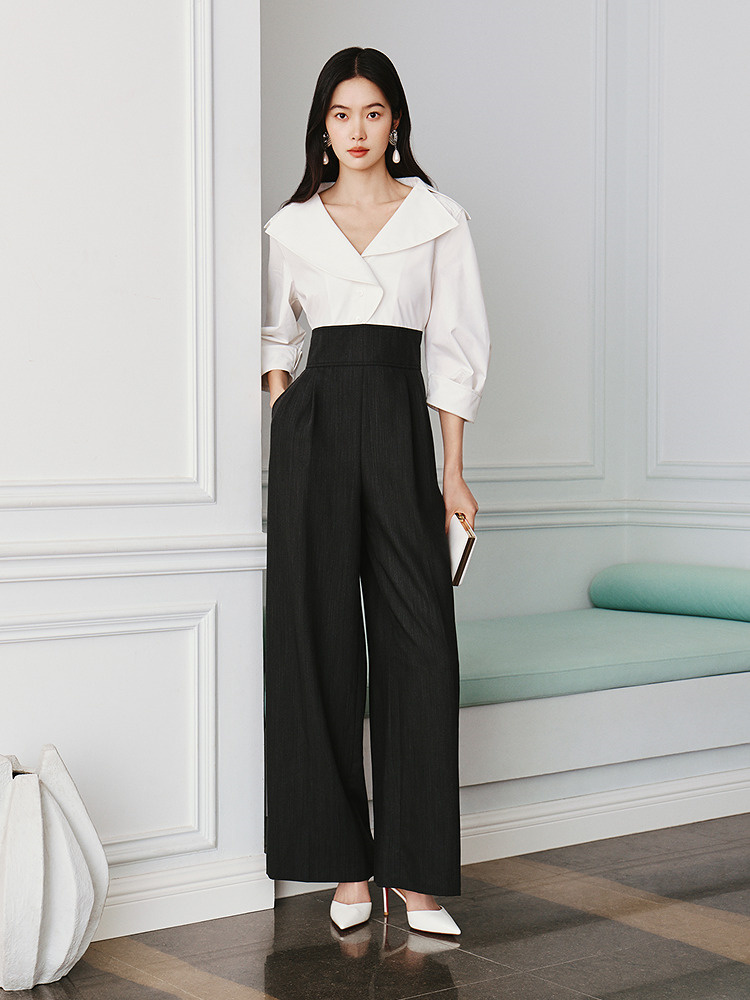 OBBLIGATO奥丽嘉朵2026春新款高支高密棉翻领拼接撞色阔腿连体裤1C36102030