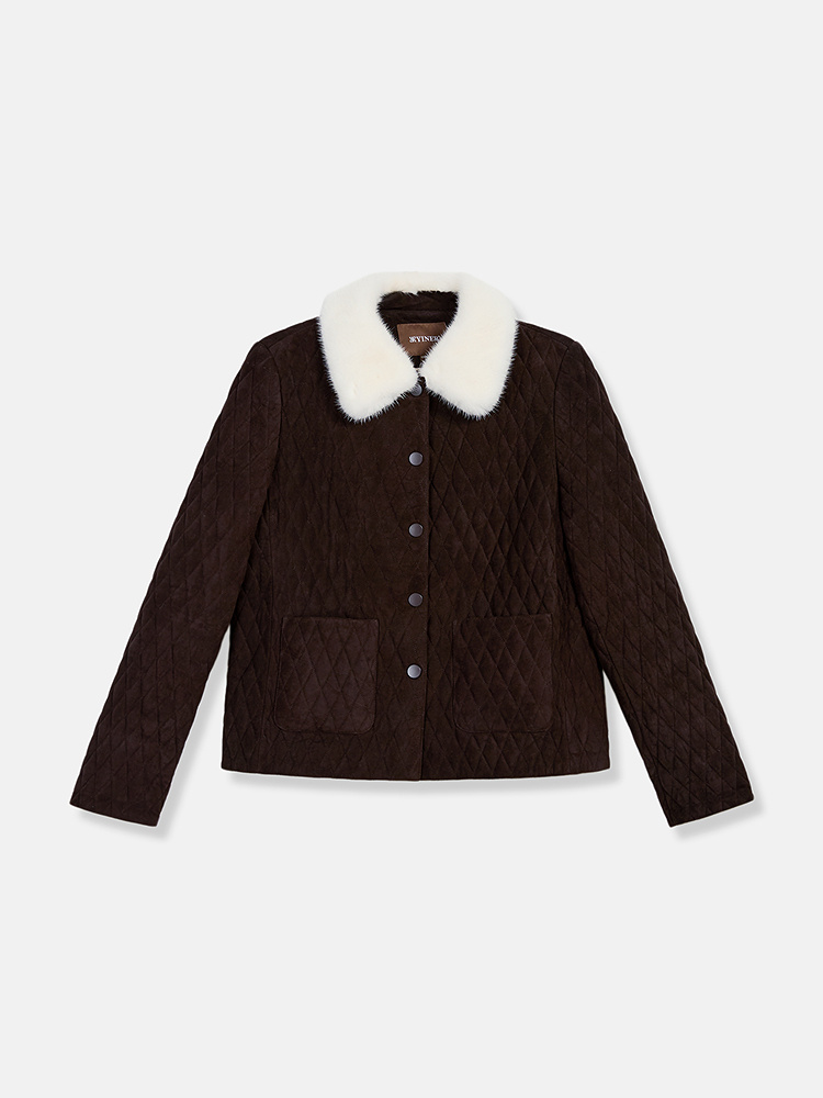 YINER音儿专选2026春季新款水貂毛皮翻领绵羊毛骆驼绒混纺皮棉服8C66109156