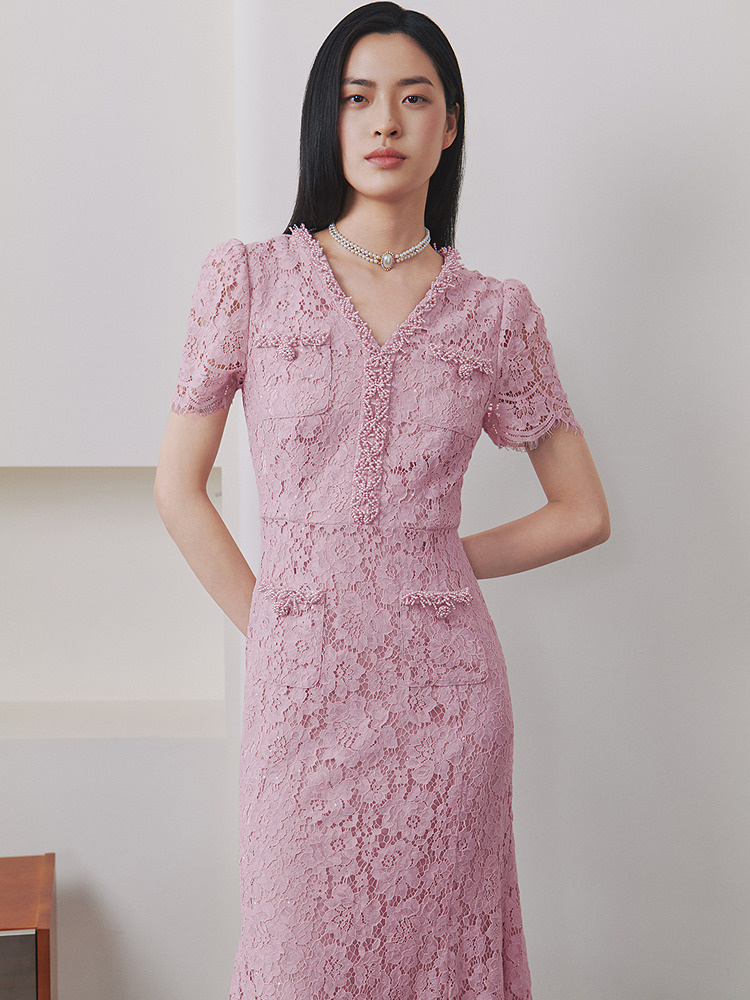 OBBLIGATO奥丽嘉朵2026夏季新款粉色蕾丝收腰钉珠鱼尾中长连衣裙1C66205410