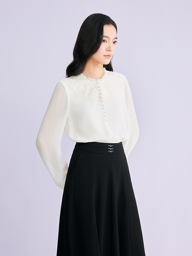 YINER音儿专选2026春季新款时尚通勤OL优雅拼接花边立领衬衫上衣8C66170016