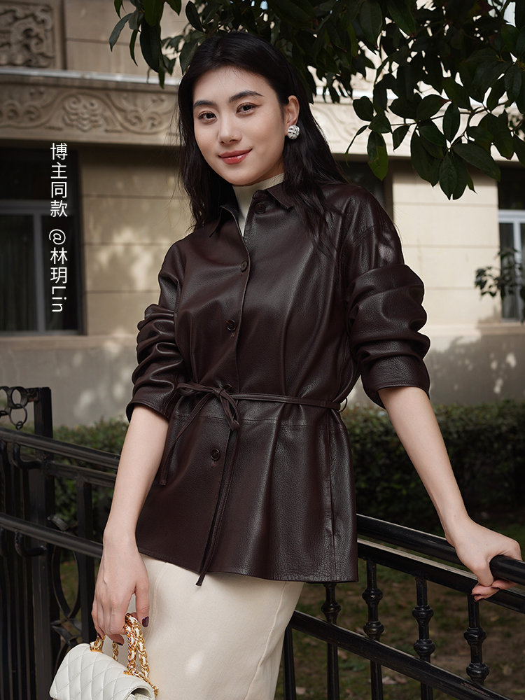 YINER音儿专选2026秋季新款时尚翻领系带羊皮革真皮皮衣夹克外套8C66309206