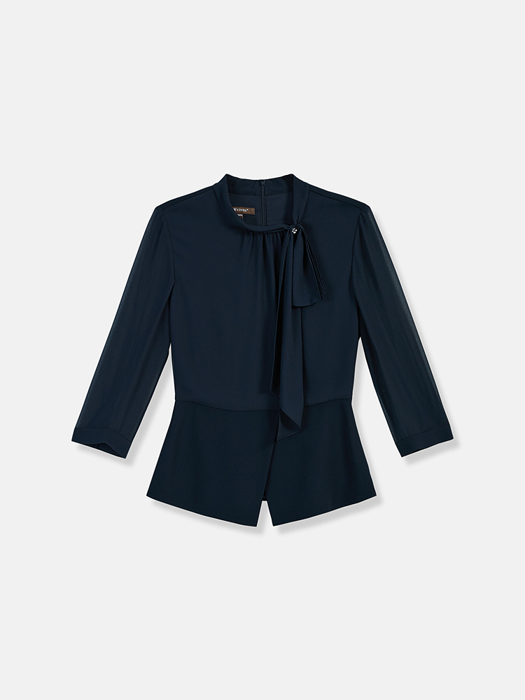 YINER音儿专选2026夏季新款优雅通勤系带圆领醋酸混纺衬衫上衣8C66270006