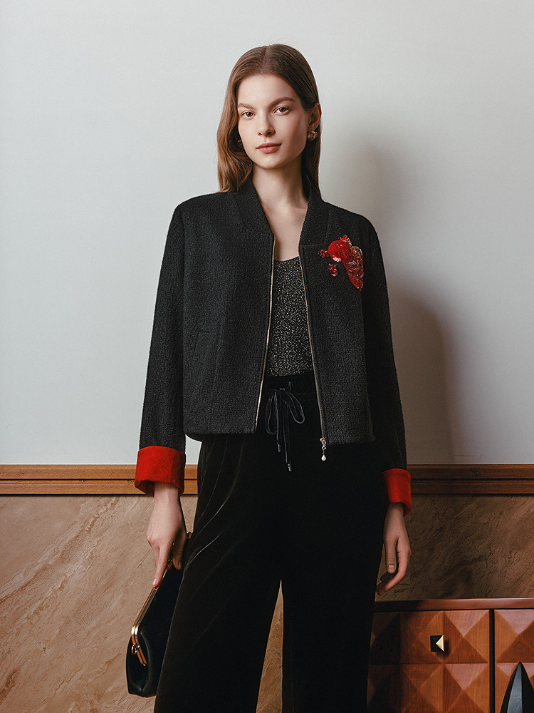 OBBLIGATO奥丽嘉朵2026春季新款绵羊毛混红袖撞色纺珠片刺绣外套1C36110200