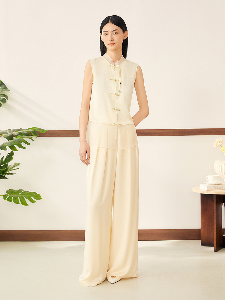 【真丝系列】YINER音儿2025夏季真丝珍珠缎立领气质上衣8C35201098