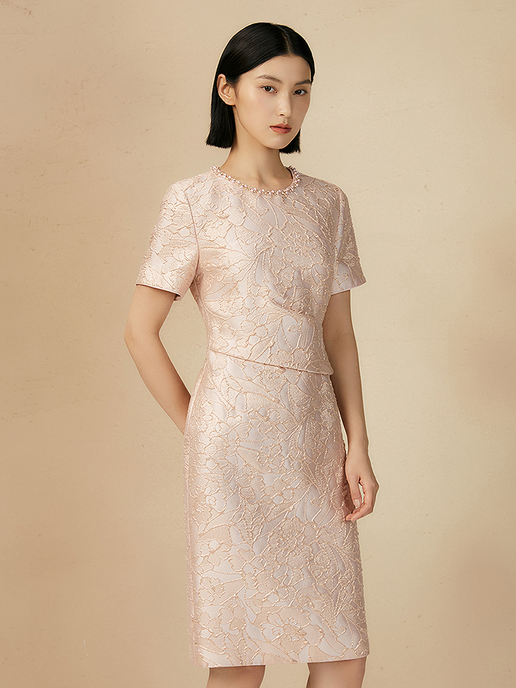 Song of Song歌中歌2025夏季淡粉领口重工钉珠装饰提花连衣裙5C65205870