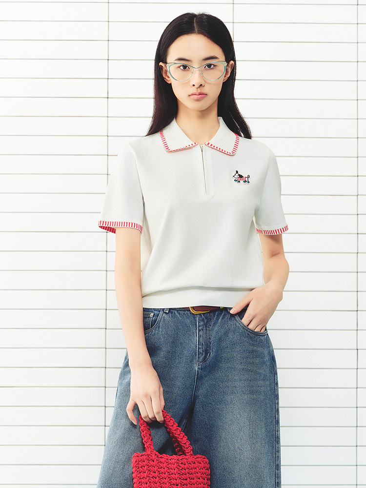 ToyzY2026夏季新款趣味小狗章仔撞色翻领半拉链开胸T恤ZC36206370