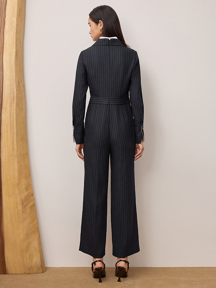 OBBLIGATO奥丽嘉朵2025秋季藏蓝条纹撞色高级商务连体裤1C35302030