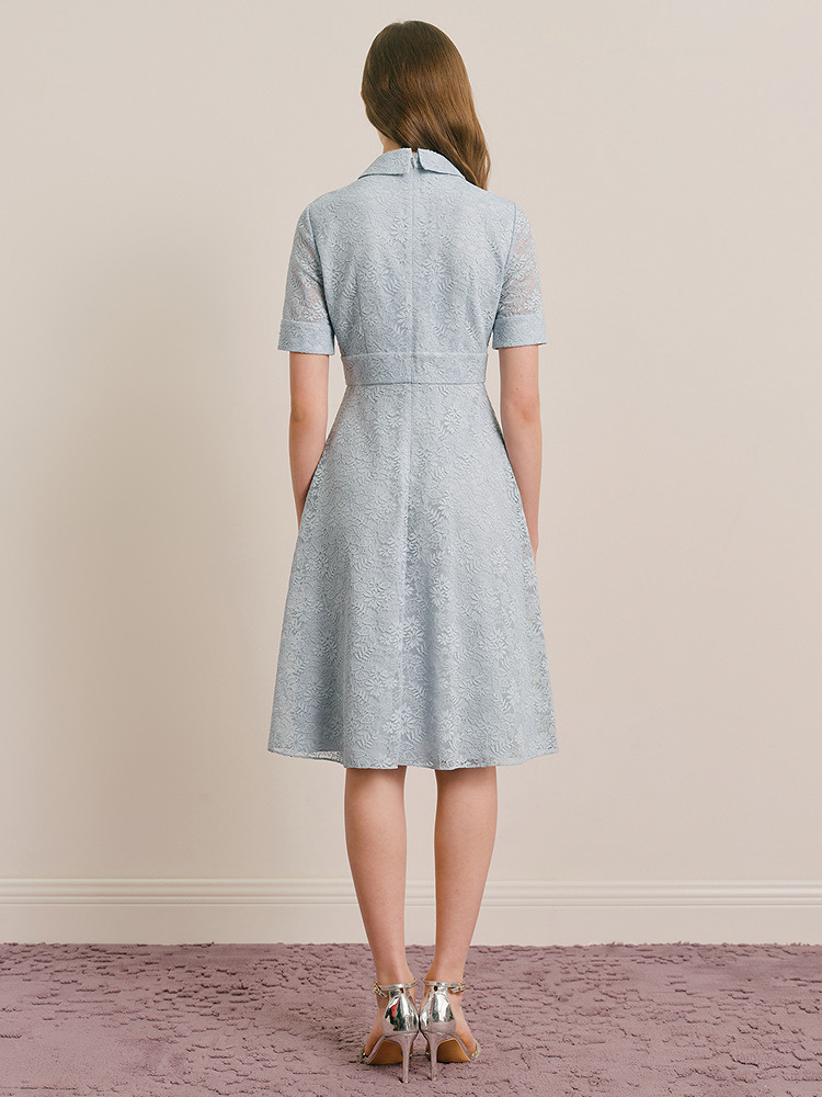 OBBLIGATO奥丽嘉朵专选2025夏季新品衬衫领蕾丝花卉压褶连衣裙1C65205270