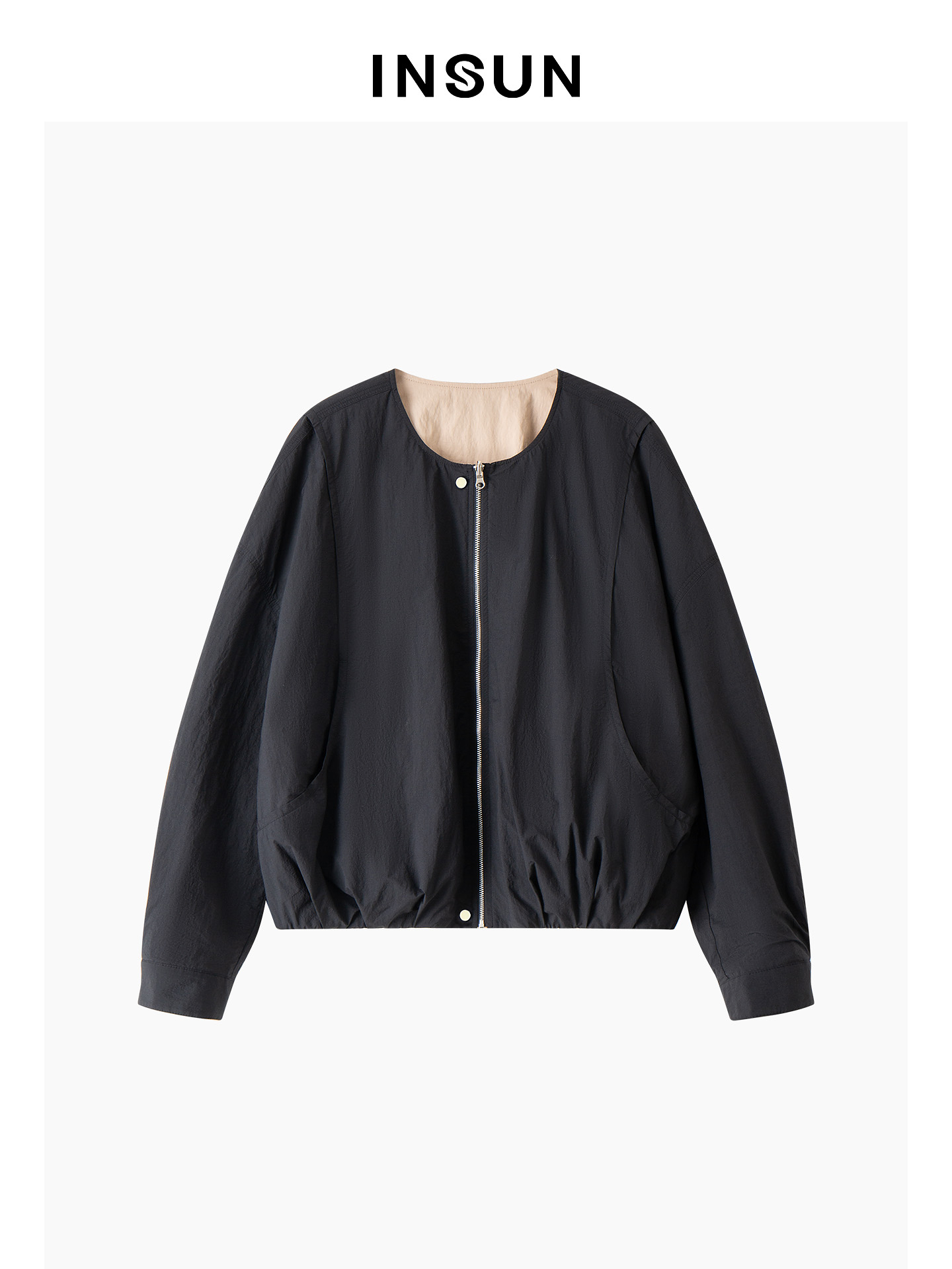 INSUN恩裳专选2026春季圆领复古风松弛感棉质双面穿短外套9C66110340