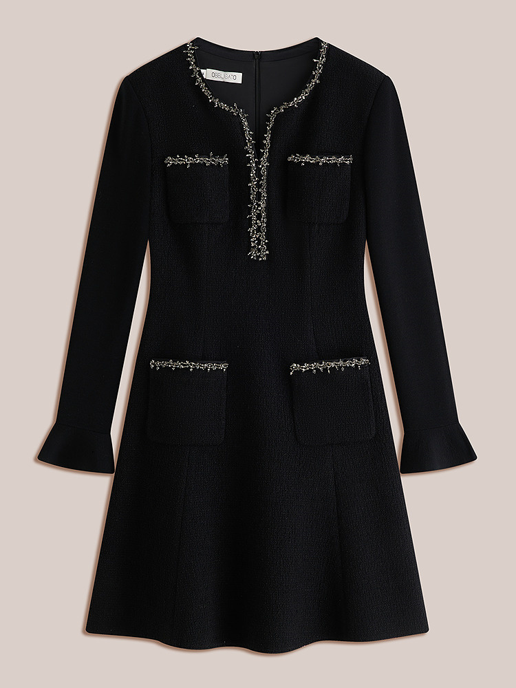 OBBLIGATO奥丽嘉朵2026秋冬季新款小香风粗花呢肌理v领收腰连衣裙1C66505040