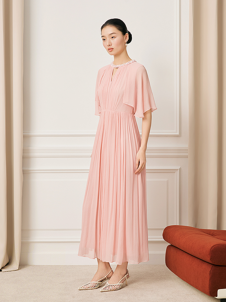 Song of Song歌中歌2026夏季新款预售柔雾淡粉·桑蚕丝百褶连衣裙5C36205290