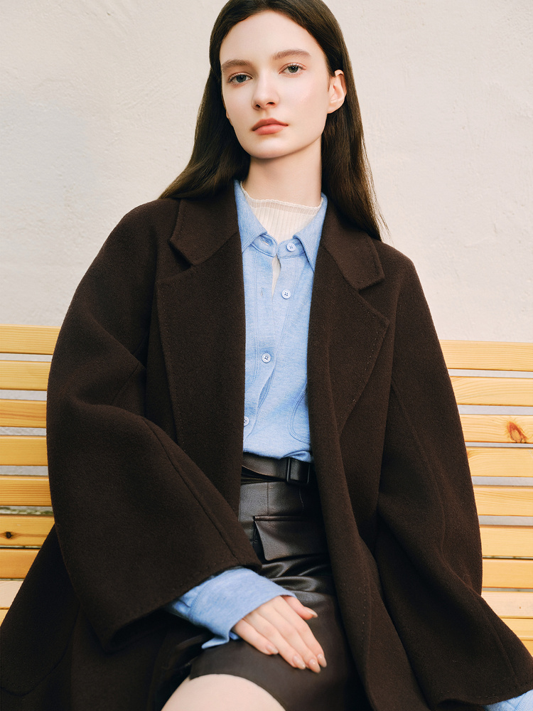 【100%绵羊毛】Goodland美地2024冬季双面毛呢大衣美拉德外套LC34580140