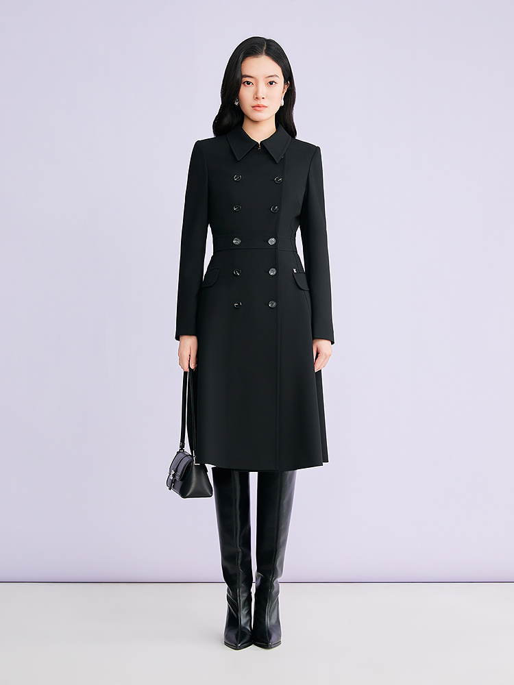 YINER音儿专选2026春季新款时尚赫本风廓形翻领双排扣收腰连衣裙8C66105136