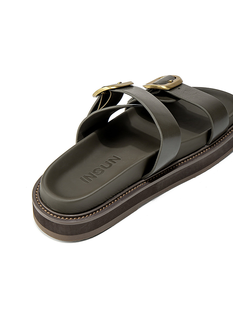 INSUN恩裳2025夏季复古休闲金属扣厚底凉拖9C35292050