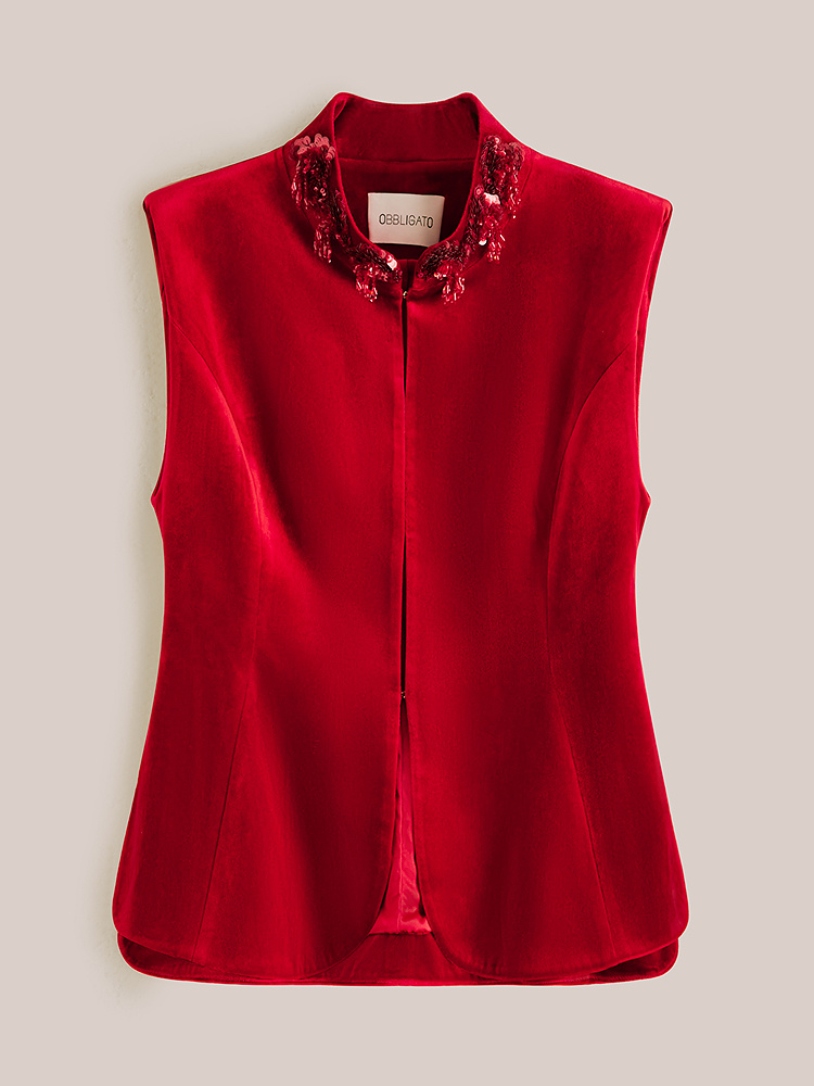 OBBLIGATO奥丽嘉朵2026春季新款三醋酸手工钉珠立领丝绒收腰马甲1C36101060