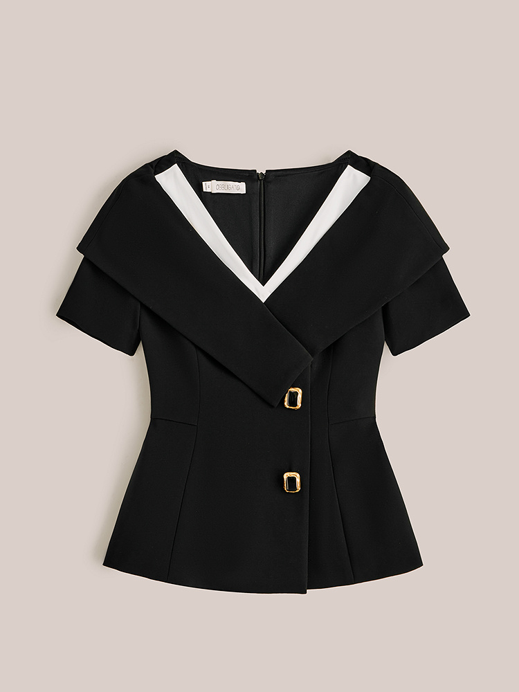 OBBLIGATO奥丽嘉朵2026夏季新款三醋酸黑白撞色光泽感v领收腰上衣1C36270100
