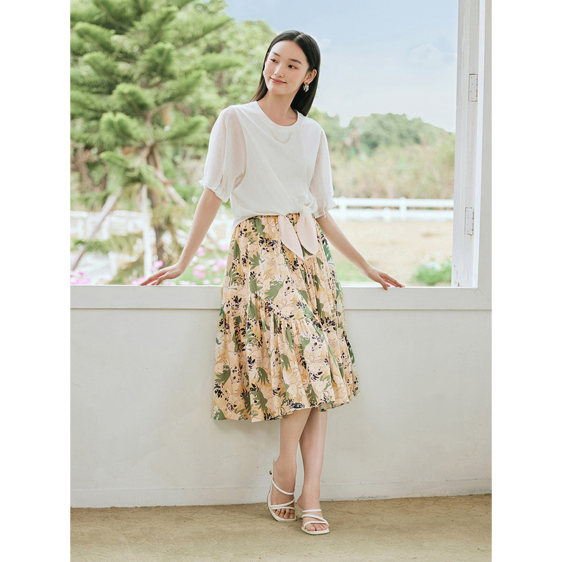 Goodland美地女装2025夏季真丝纤维休闲宽松短袖打结上衣LC35260600