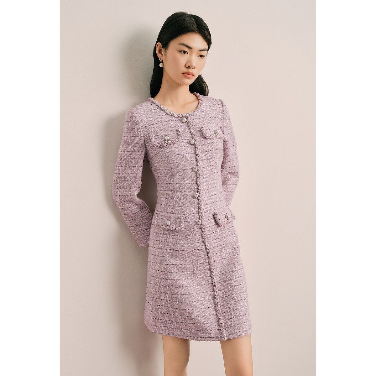 OBBLIGATO奥丽嘉朵2025春季新款浅紫色编织圆领花纱小香风连衣裙1C65105440