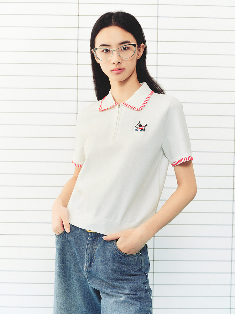 ToyzY2026夏季新款趣味小狗章仔撞色翻领半拉链开胸T恤ZC36206370