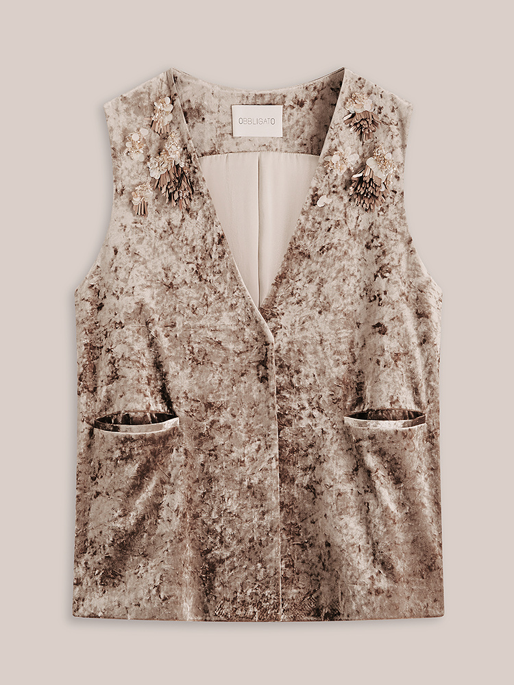 OBBLIGATO奥丽嘉朵2025冬季珠片钉珠钻石冰花丝绒新中式马甲1C35501010