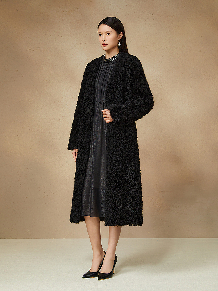 Song of Song歌中歌2024秋季赫本风黑色绵羊毛革皮草大衣5C64309340