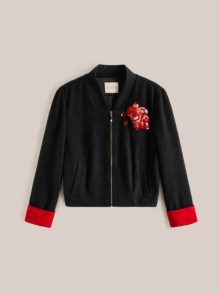 OBBLIGATO奥丽嘉朵2026春季新款绵羊毛混红袖撞色纺珠片刺绣外套1C36110200