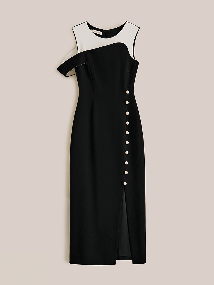OBBLIGATO奥丽嘉朵2026夏季新款三醋酸黑白拼接多场合收腰连衣裙1C36205280