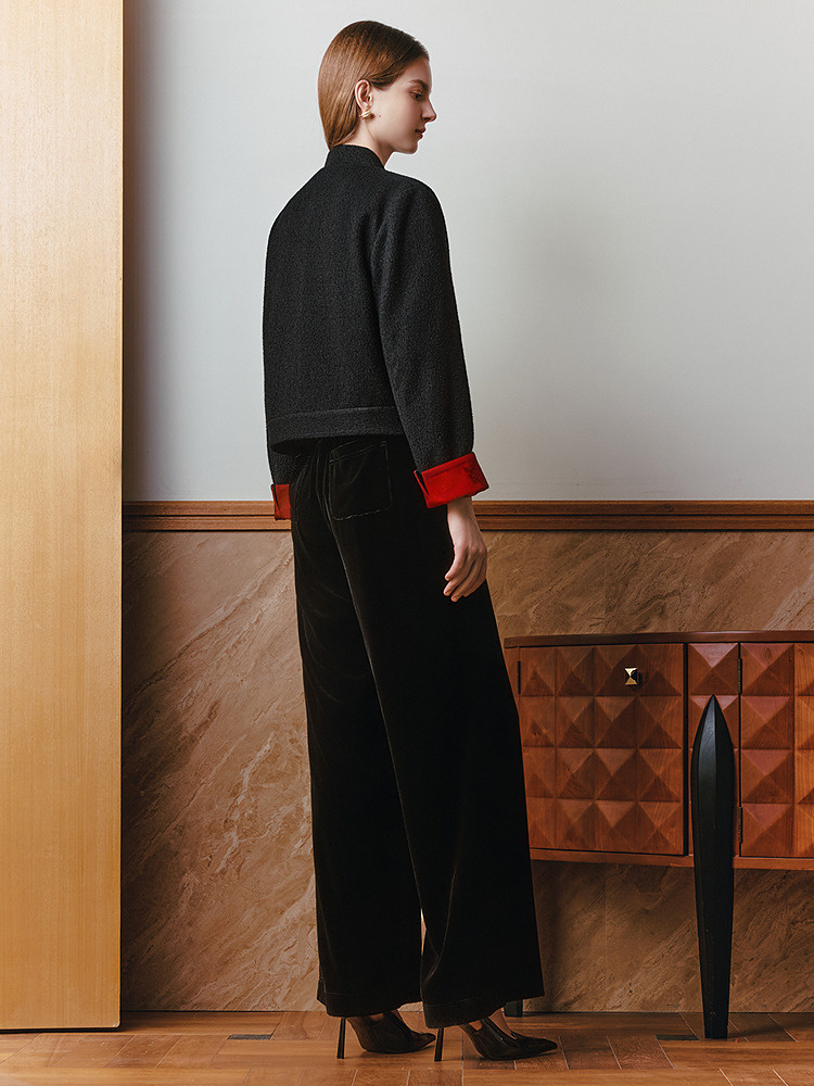 OBBLIGATO奥丽嘉朵2026春季新款绵羊毛混红袖撞色纺珠片刺绣外套1C36110200