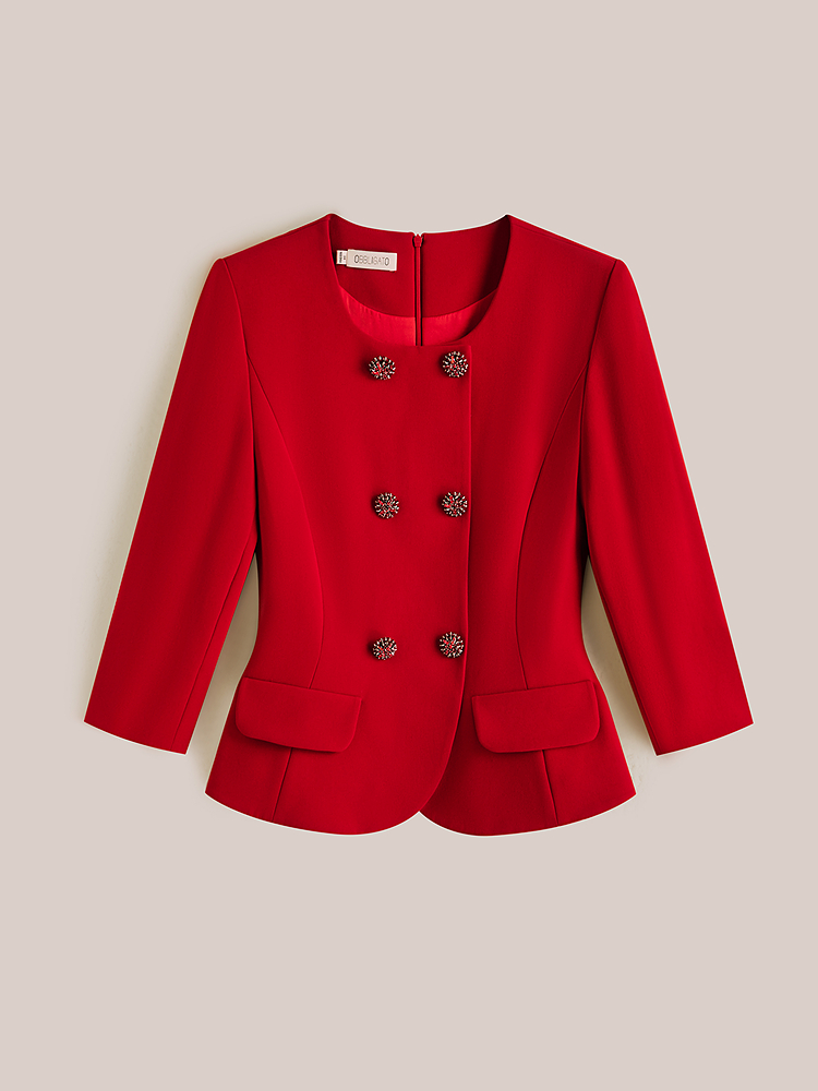 OBBLIGATO奥丽嘉朵2026春季新款日本进口三醋酸红色钉珠收腰上衣1C36170060