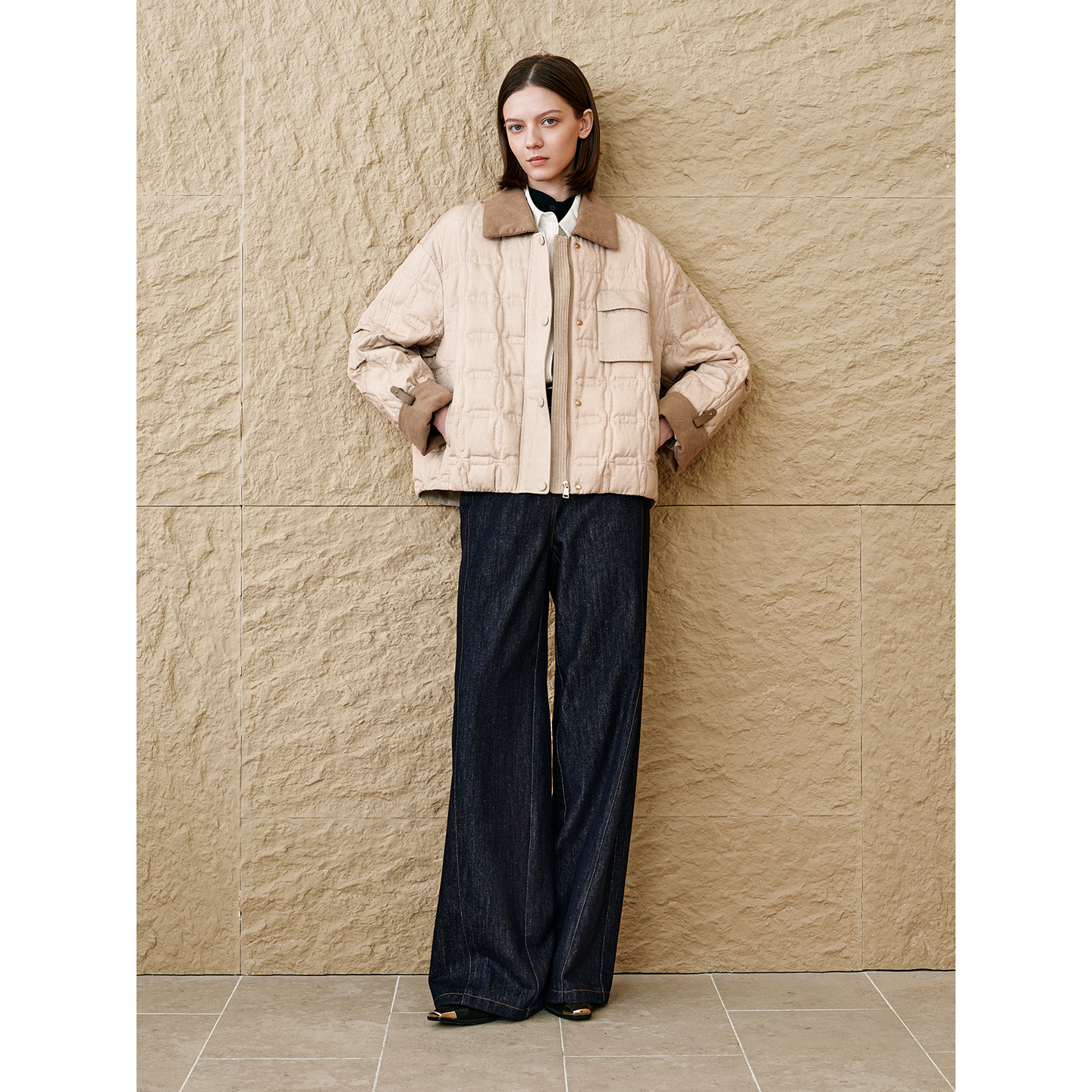INSUN恩裳专选2025秋季翻领绗线亚麻轻薄羽绒服9C65308510
