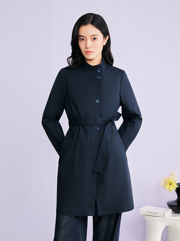 YINER音儿专选2026春季新款时尚通勤翻立两用领系带收腰风衣外套8C66107036