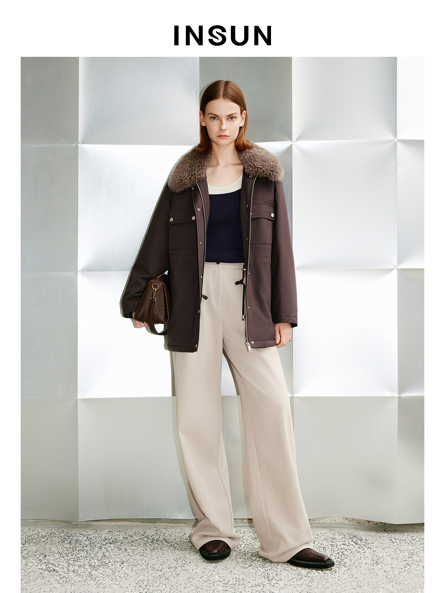 INSUN恩裳专选2026春季可拆卸羊毛革毛领鹅绒派克羽绒服9C66108530