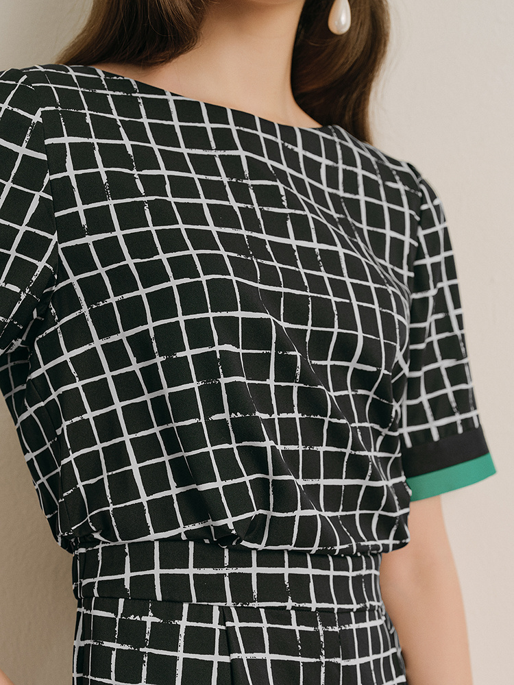 OBBLIGATO奥丽嘉朵专选2025夏季新品一字领格纹印花桑蚕丝连体裤1C65202230