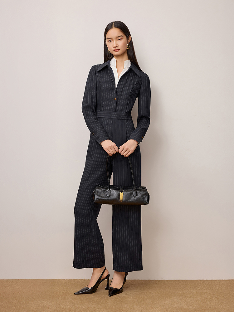 OBBLIGATO奥丽嘉朵2025秋季藏蓝条纹撞色高级商务连体裤1C35302030