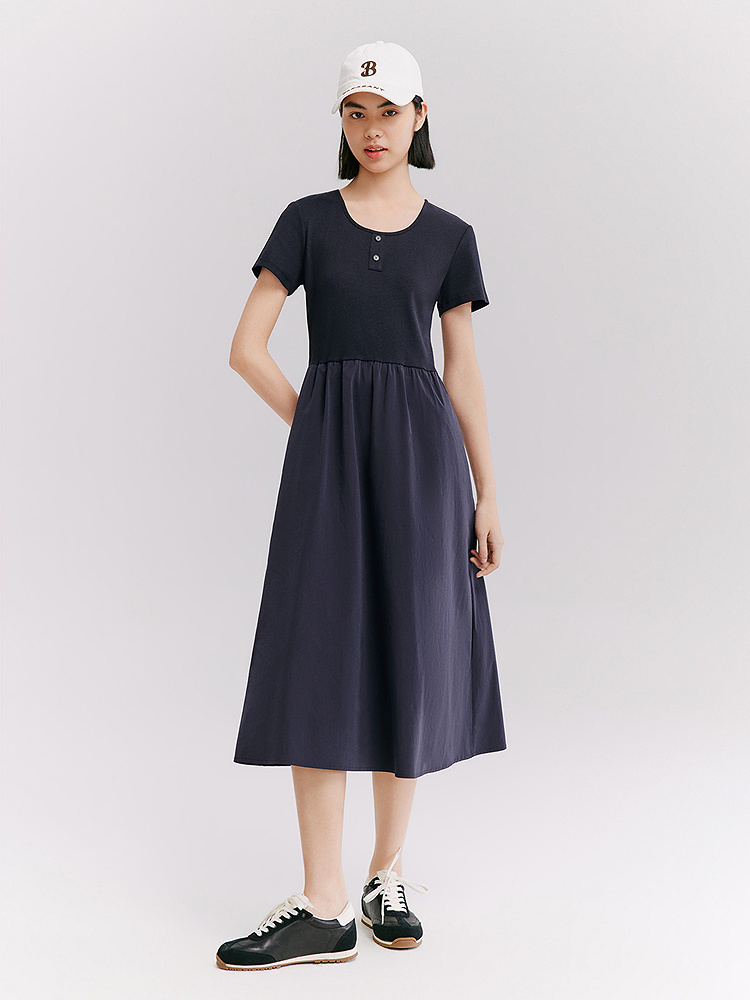 XII BASKET十二篮专选26夏新款圆领气质拼接收腰休闲通勤连衣裙7C66205030