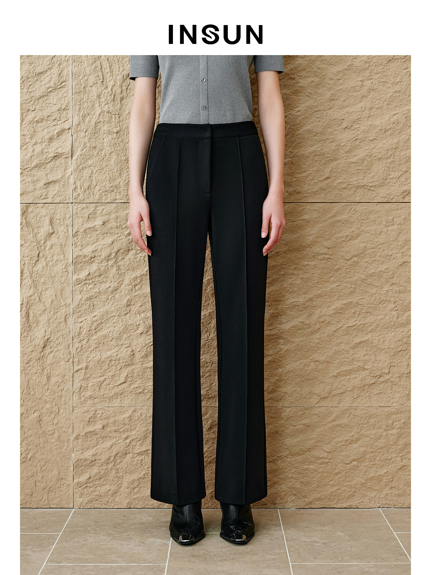 INSUN恩裳专选2026春季高腰修身显瘦四面弹微喇叭西裤9C66120180